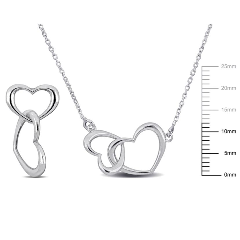 2-Pc Set of Double Heart Charm Necklace & Bracelet in Sterling Silver