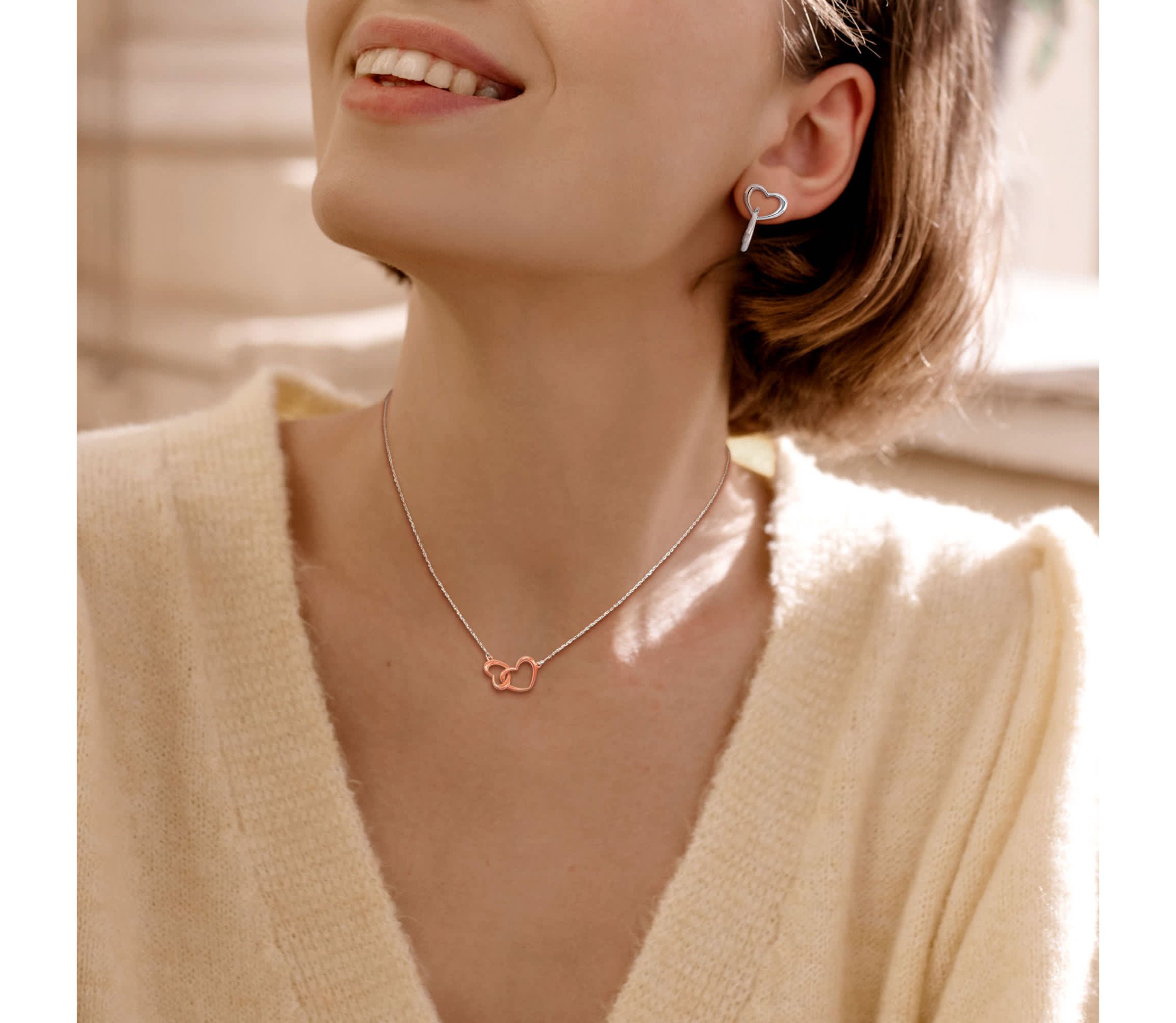 2-Pc Set of Double Heart Charm Necklace & Bracelet in Sterling Silver