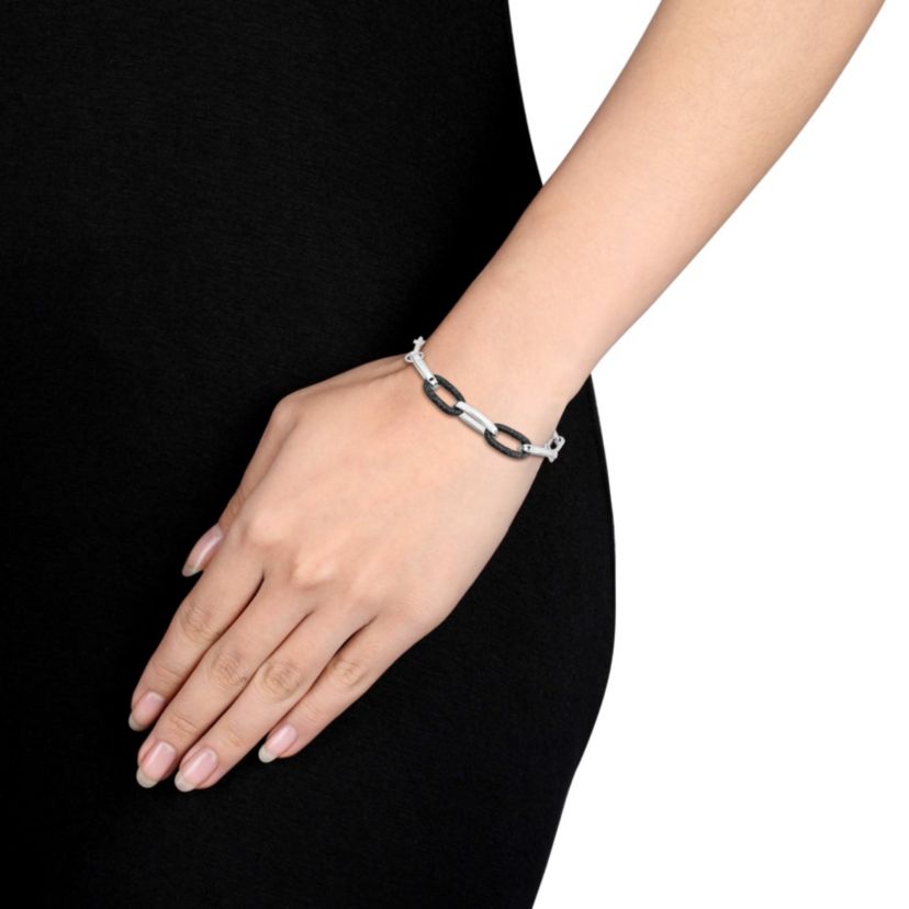 2-Pc Set of Oval Link with Black Sand Blast Rhodium Plating Necklace & Bracelet in Sterling Silver