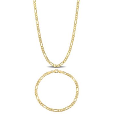 Haylee Jewels 2-Pc Set of Men's 3.8mm Figaro Chain Necklace & Bracelet in Yellow Plated Sterling Silver