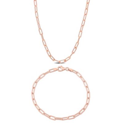 Haylee Jewels 2-Pc Set of 3.5mm Polished Paperclip Chain Necklace & Bracelet in Rose Plated Sterling Silver