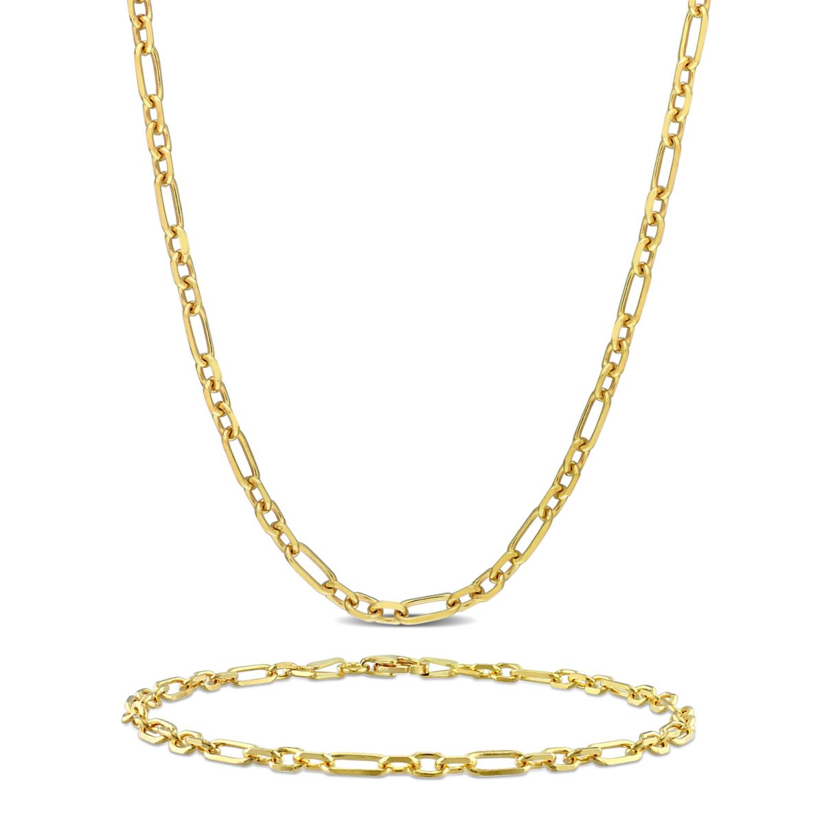 2-Pc Set of 3mm Diamond Cut Figaro Chain Necklace & Bracelet in Yellow Plated Sterling Silver