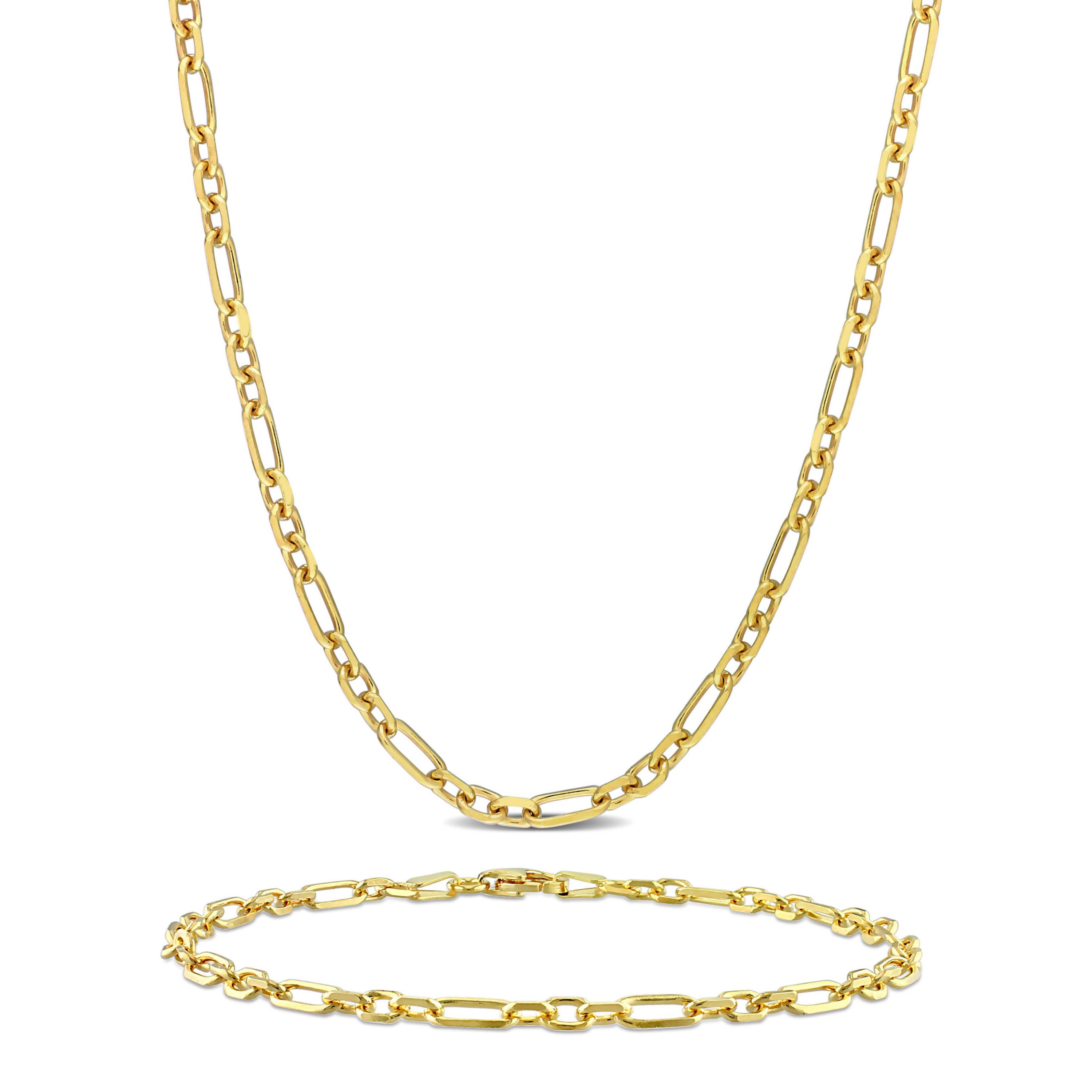 2-Pc Set of 3mm Diamond Cut Figaro Chain Necklace & Bracelet in Yellow Plated Sterling Silver