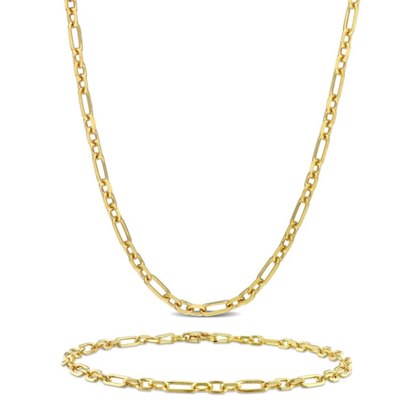 2-Pc Set of 3mm Diamond Cut Figaro Chain Necklace & Bracelet in Yellow Plated Sterling Silver