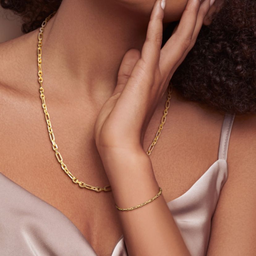 2-Pc Set of 3mm Diamond Cut Figaro Chain Necklace & Bracelet in Yellow Plated Sterling Silver