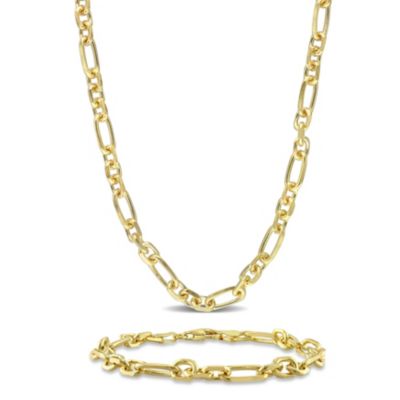 Haylee Jewels 2-Pc Set of 6mm Diamond Cut Figaro Chain Necklace & Bracelet in Yellow Plated Sterling Silver