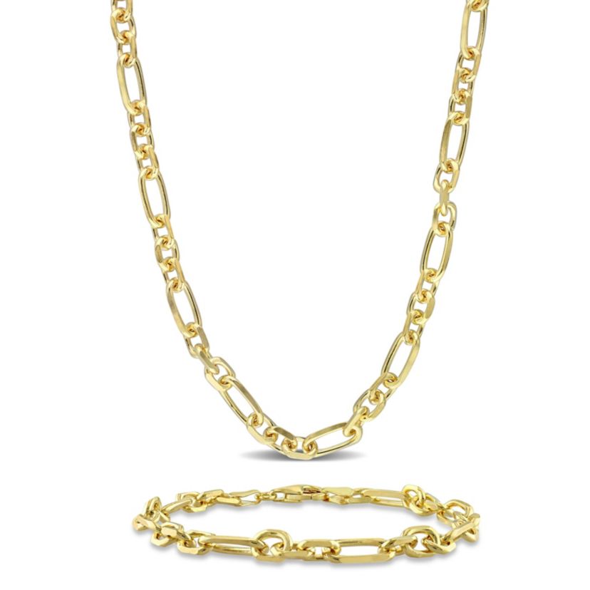 2-Pc Set of 6mm Diamond Cut Figaro Chain Necklace & Bracelet in Yellow Plated Sterling Silver