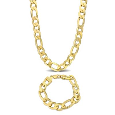 Haylee Jewels 2-Pc Set of Men's 14.5mm Figaro Chain Necklace & Bracelet in Yellow Plated Sterling Silver