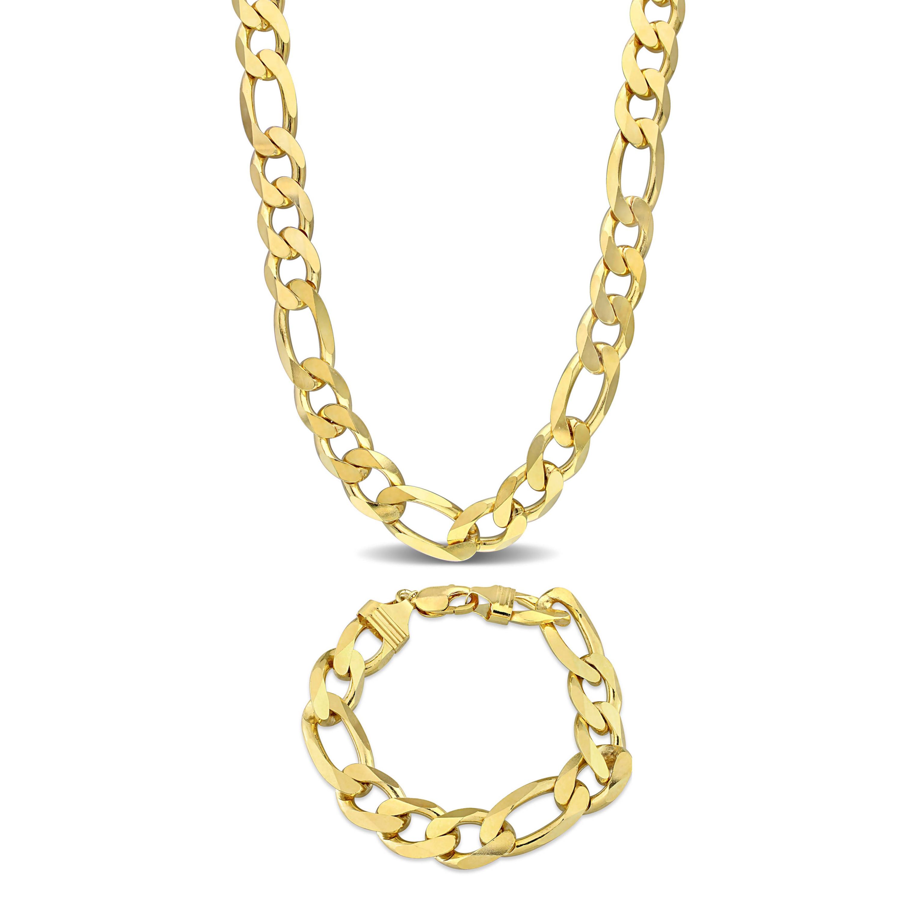 2-Pc Set of Mens 14.5mm Figaro Chain Necklace & Bracelet in Yellow Plated Sterling Silver