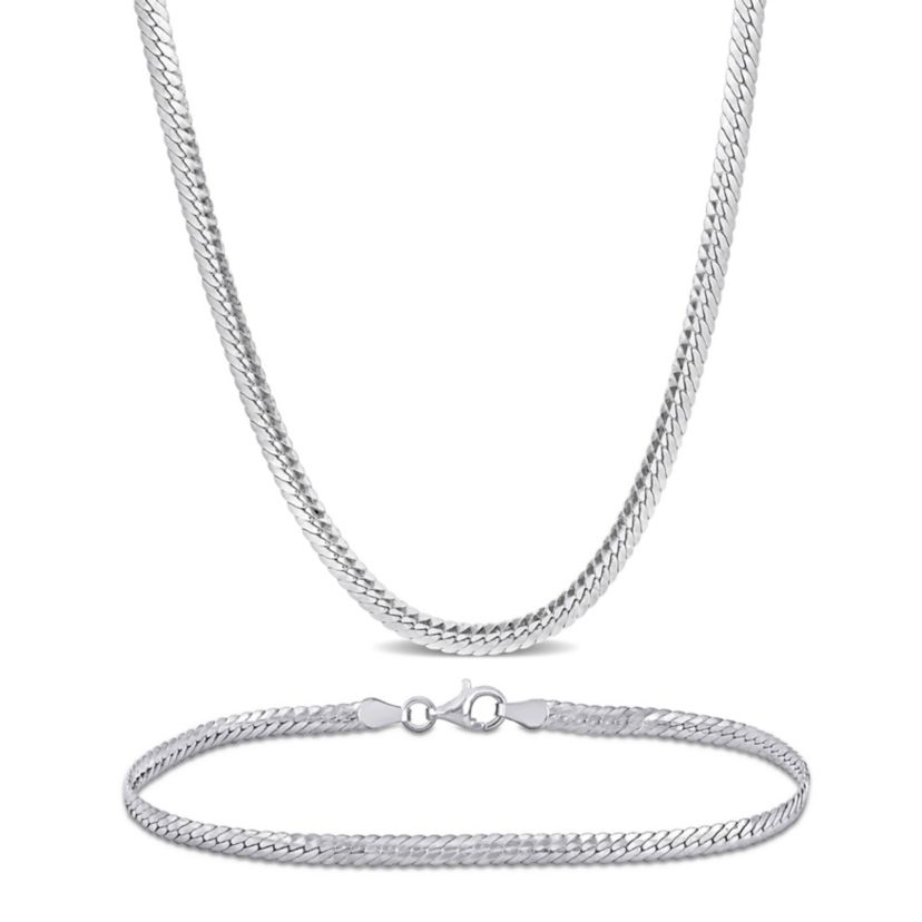 2-Pc of 3mm Herringbone Necklace & Bracelet in Sterling Silver