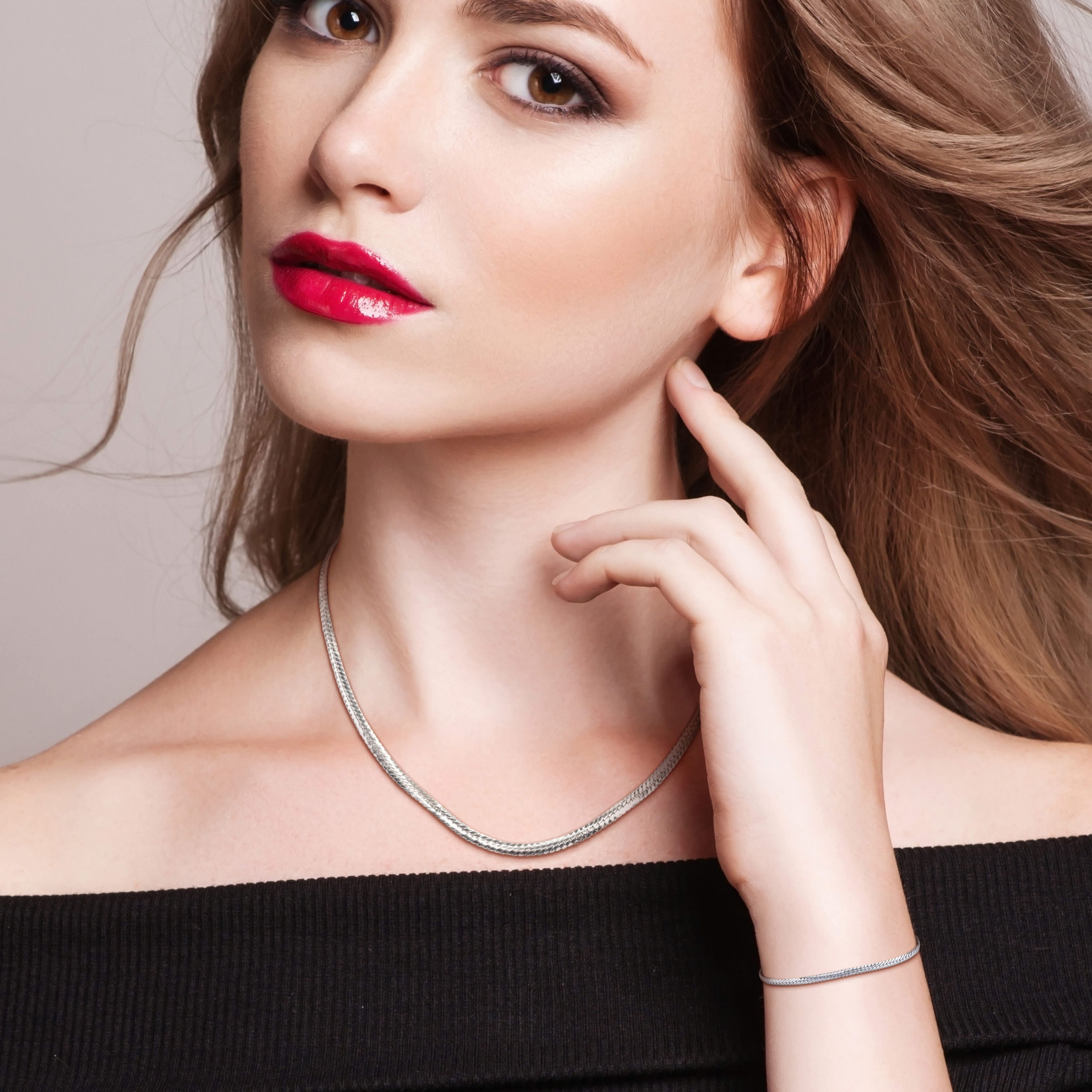2-Pc of 3mm Herringbone Necklace & Bracelet in Sterling Silver