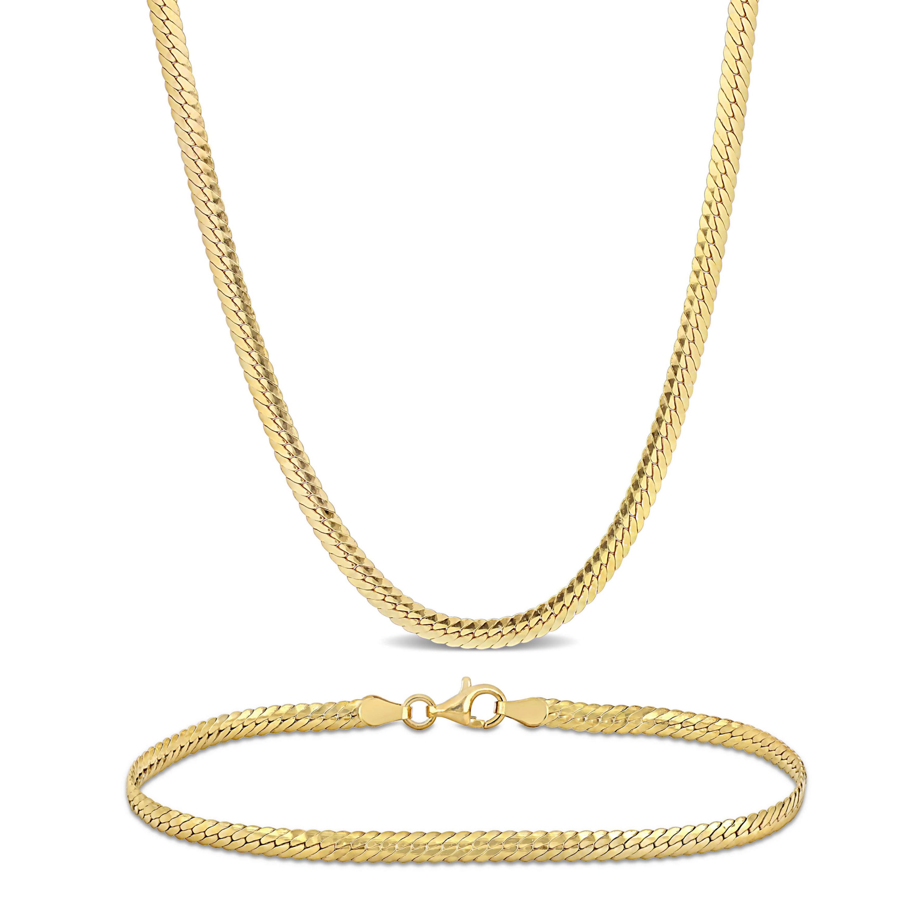 2-Pc Set of 3mm Herringbone Necklace & Bracelet in Yellow Plated Sterling Silver