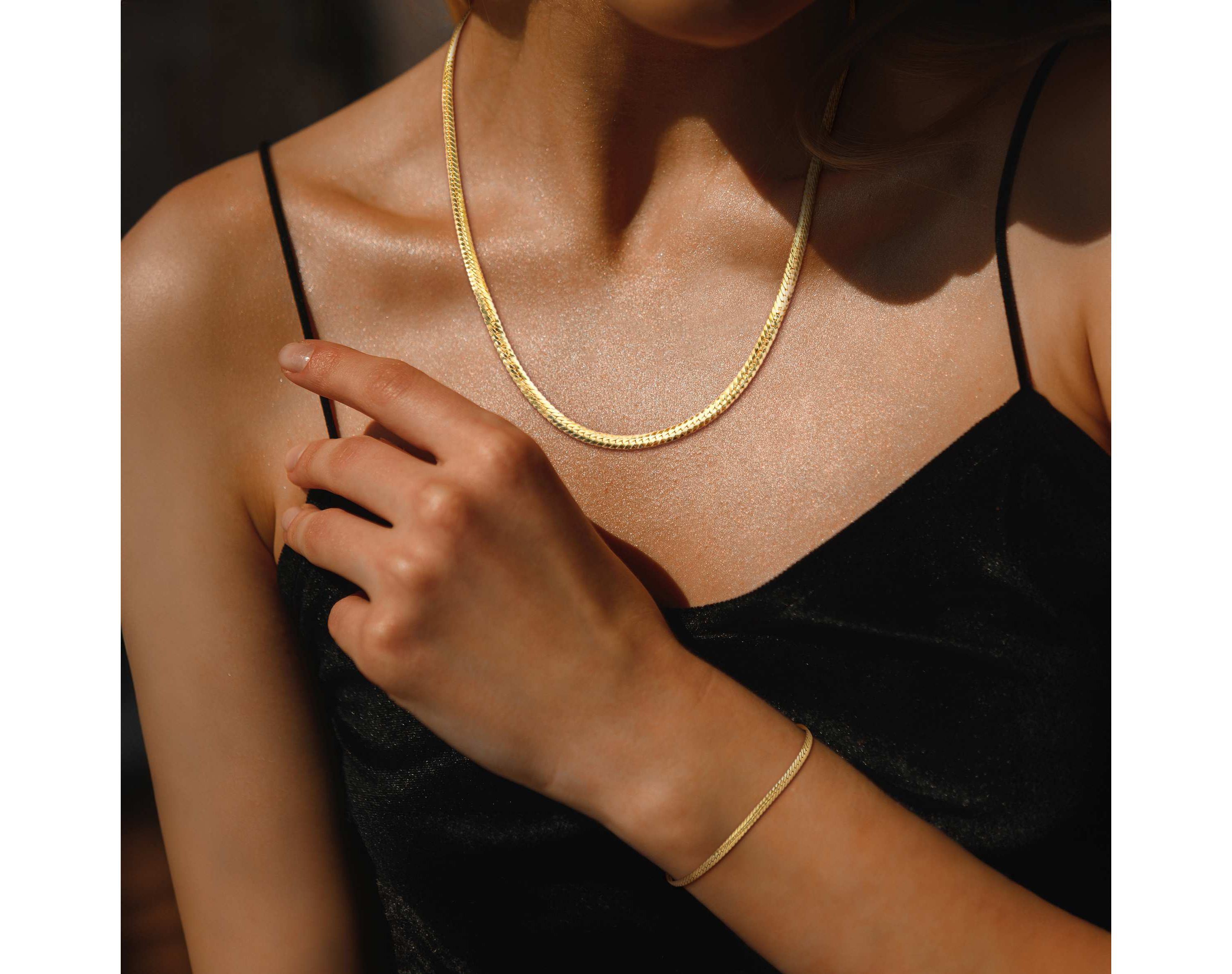 2-Pc Set of 3mm Herringbone Necklace & Bracelet in Yellow Plated Sterling Silver