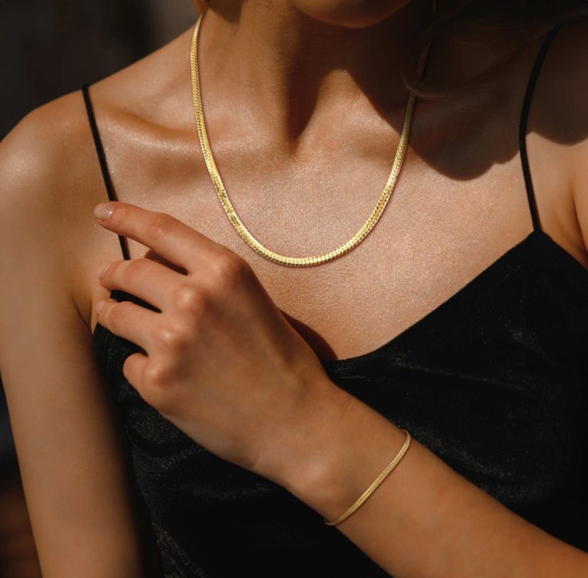 2-Pc Set of 3mm Herringbone Necklace & Bracelet in Yellow Plated Sterling Silver