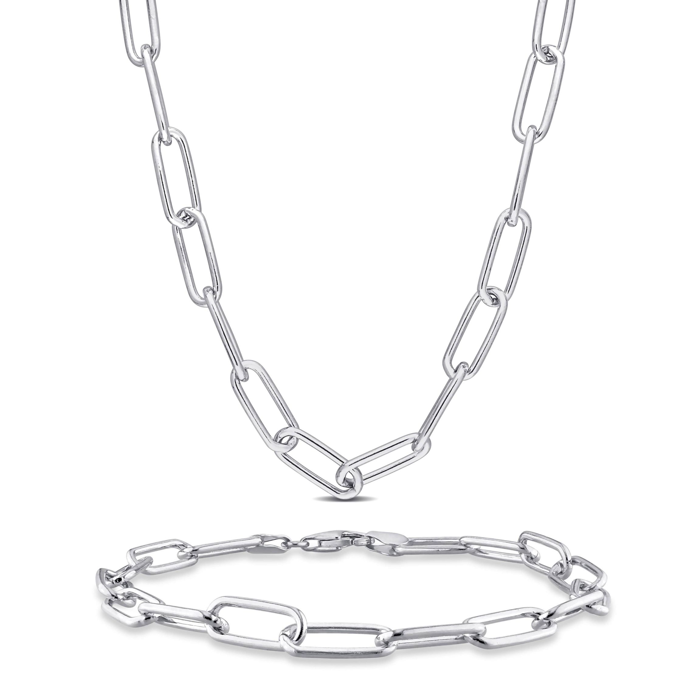 2-Pc Set of 6mm Polished Paperclip Chain Necklace & Bracelet in Sterling Silver