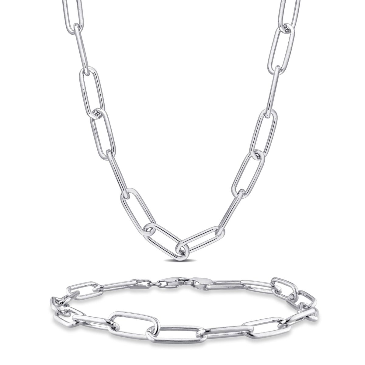 2-Pc Set of Mens 6mm Polished Paperclip Chain Necklace & Bracelet in Sterling Silver