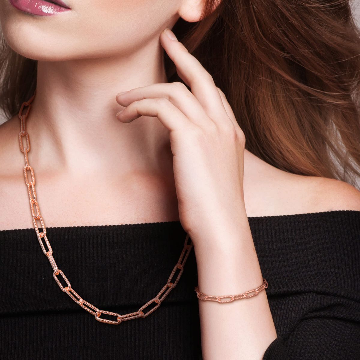 2-Pc Set of 6mm Oval Link Necklace & Bracelet in Rose Plated Sterling Silver