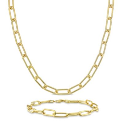 Haylee Jewels 2-Pc Set of 6mm Polished Paperclip Chain Necklace & Bracelet in Yellow Plated Sterling Silver, 16 in
