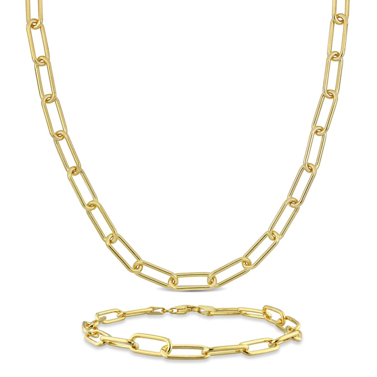 2-Pc Set of 6mm Polished Paperclip Chain Necklace & Bracelet in Yellow Plated Sterling Silver