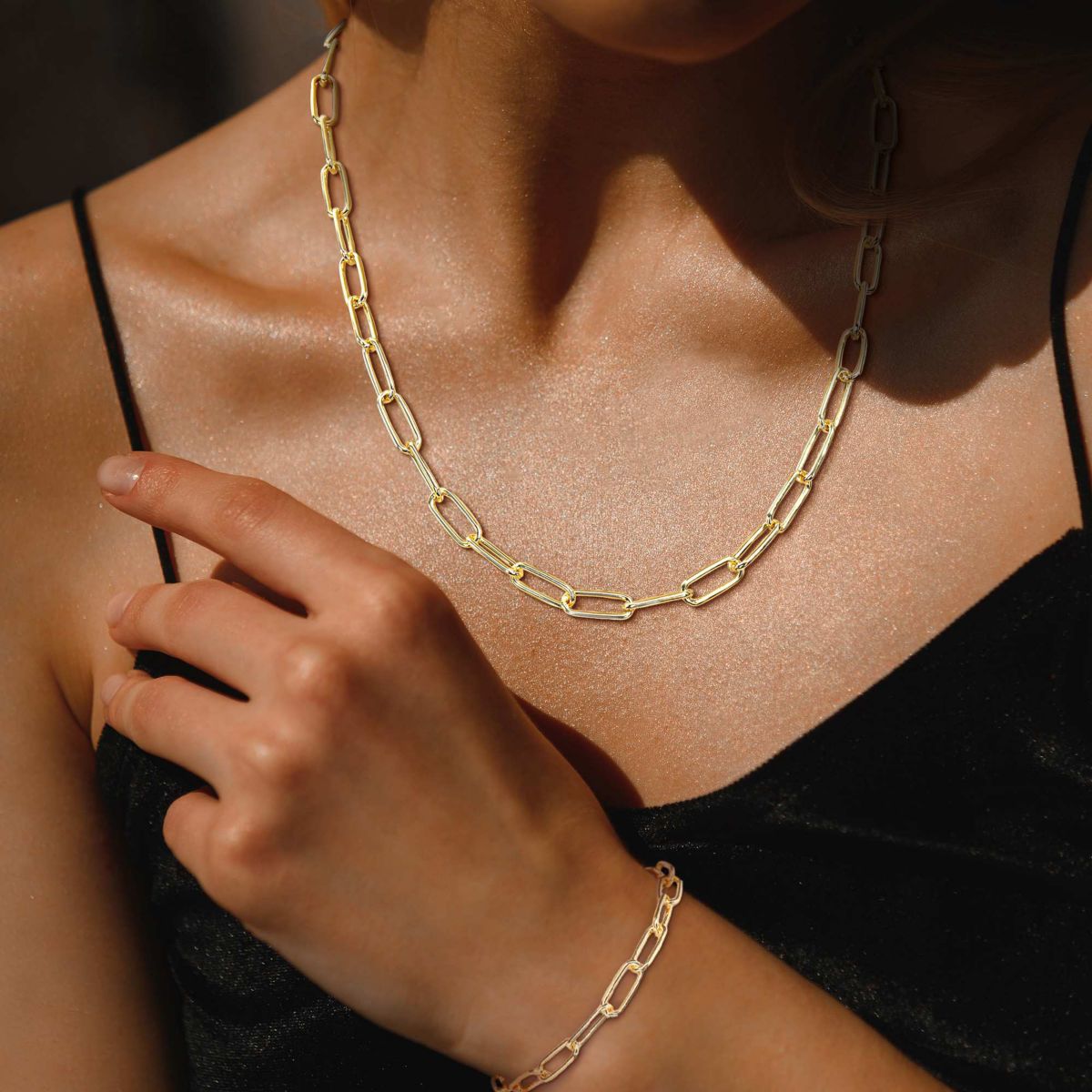 2-Pc Set of 6mm Polished Paperclip Chain Necklace & Bracelet in Yellow Plated Sterling Silver