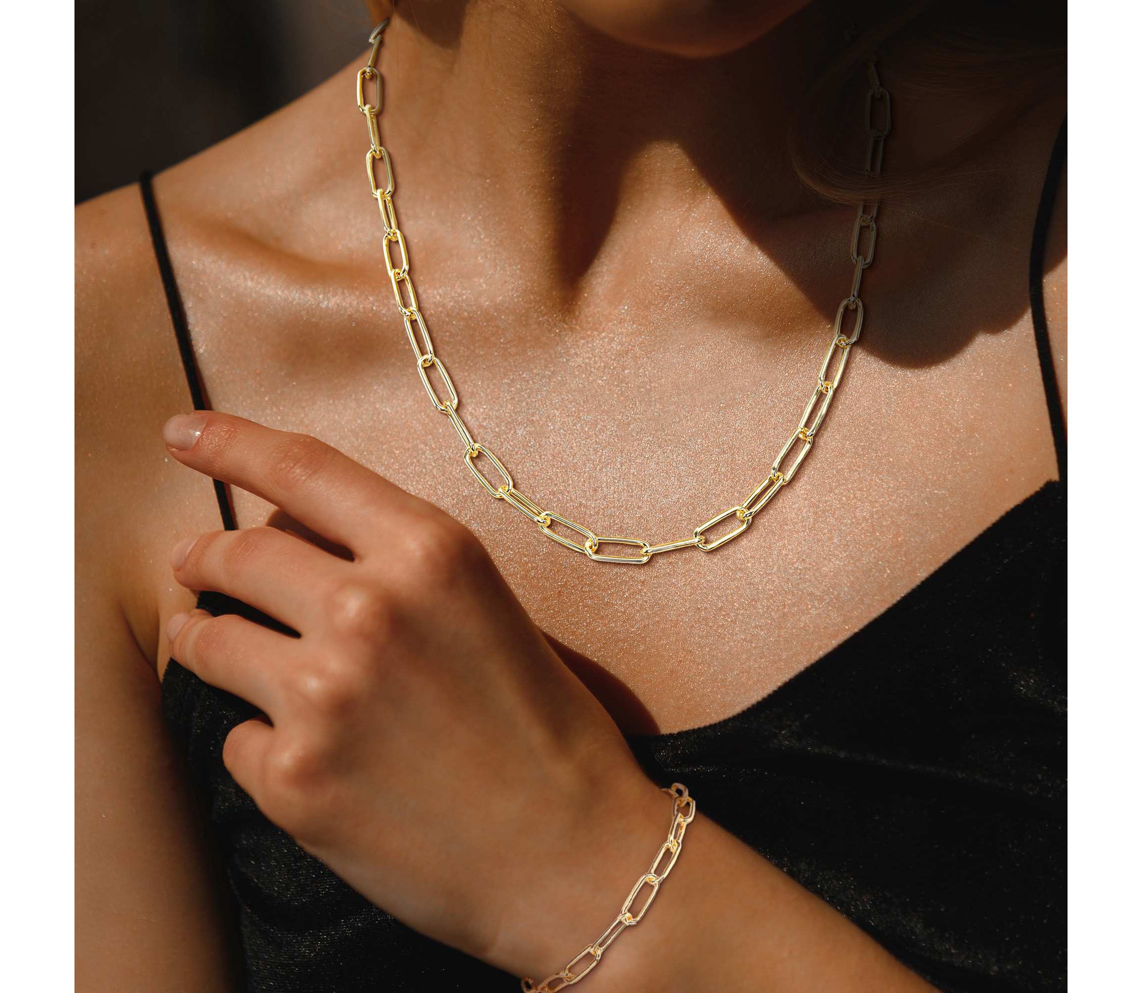 2-Pc Set of 6mm Polished Paperclip Chain Necklace & Bracelet in Yellow Plated Sterling Silver