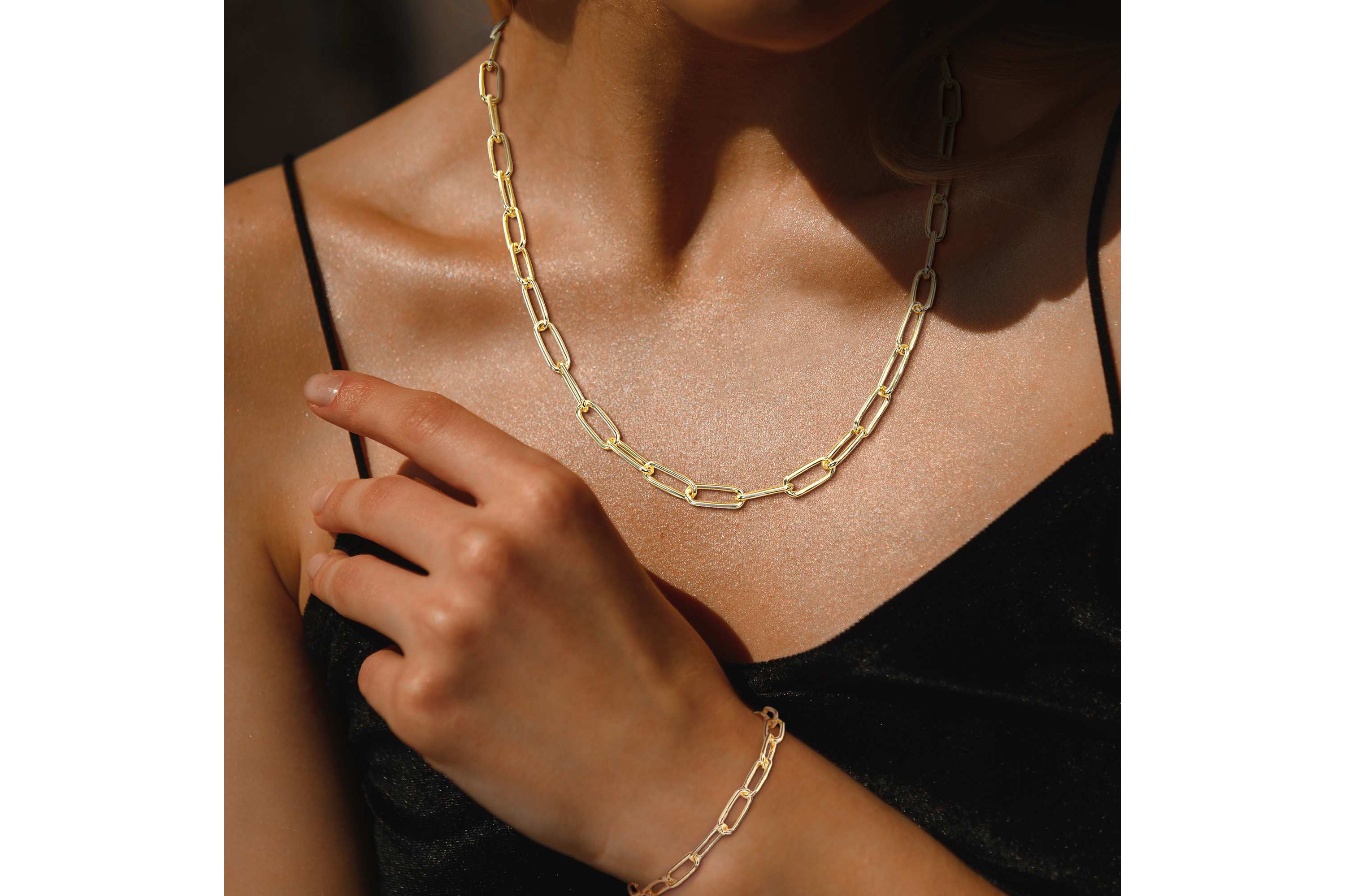 2-Pc Set of 6mm Polished Paperclip Chain Necklace & Bracelet in Yellow Plated Sterling Silver