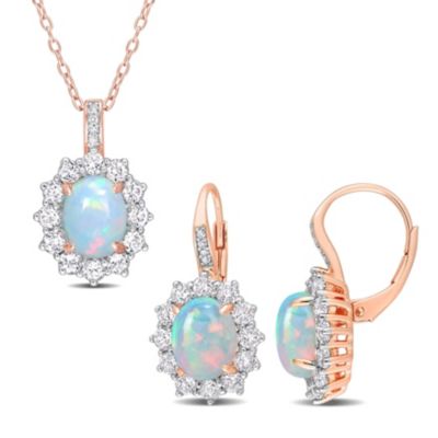 Belk & Co 2-Piece Set of Blue Opal, White Topaz & Diamond Accent Necklace & Earrings in Rose Plated Sterling Silver, Pink