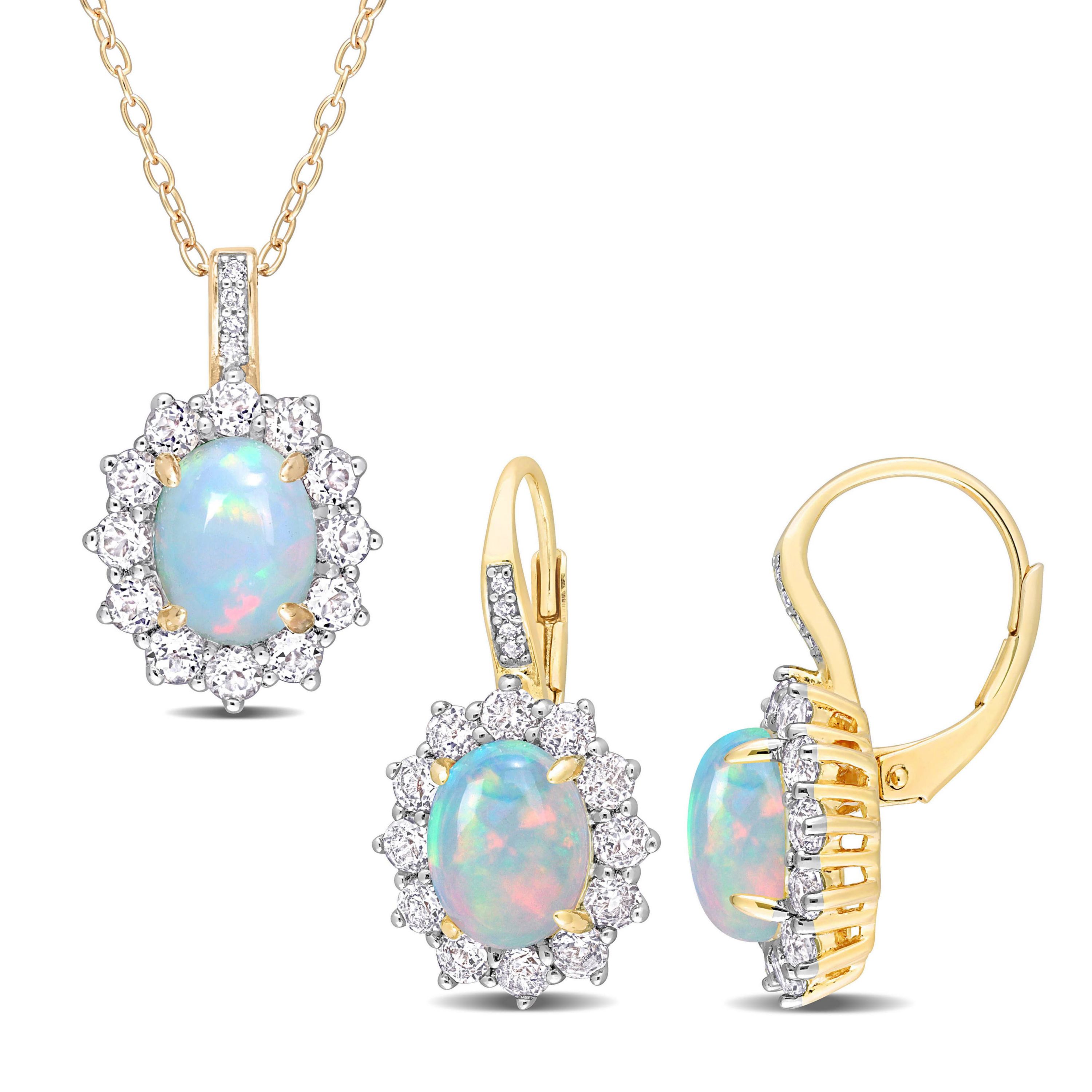 2-Piece Set of Blue Opal, White Topaz, & Diamond Accent Necklace & Earrings in Yellow Plated Sterling Silver
