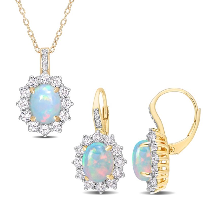 2-Piece Set of Blue Opal, White Topaz, & Diamond Accent Necklace & Earrings in Yellow Plated Sterling Silver