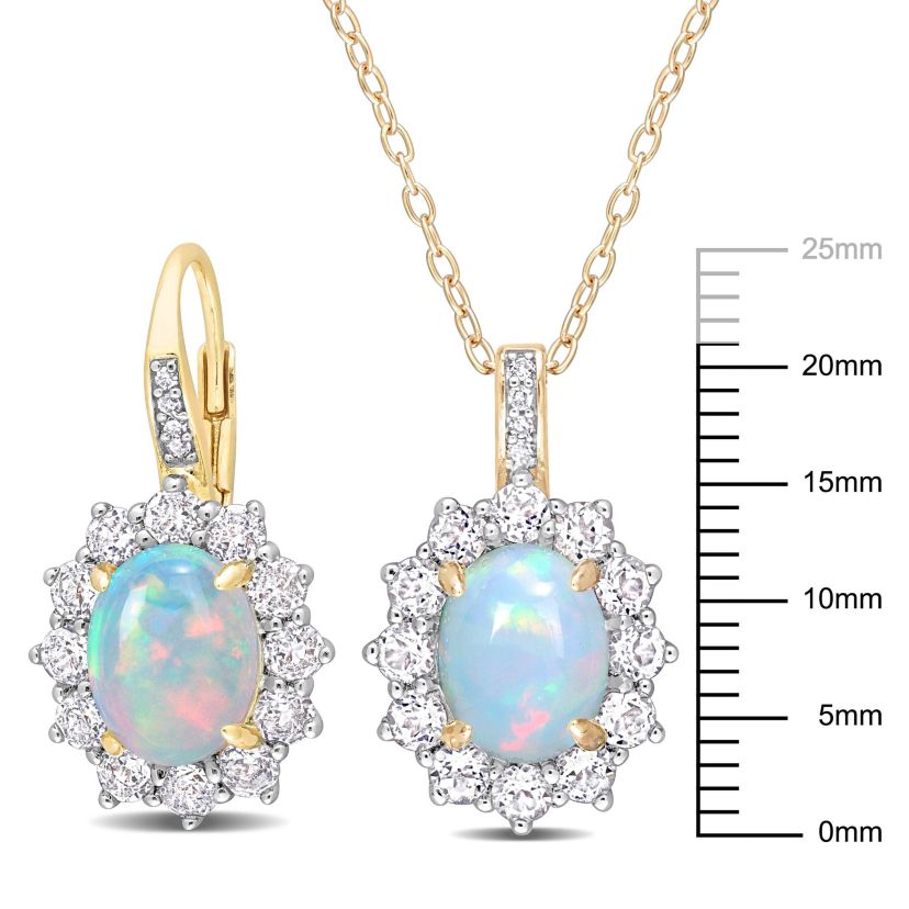 2-Piece Set of Blue Opal, White Topaz, & Diamond Accent Necklace & Earrings in Yellow Plated Sterling Silver