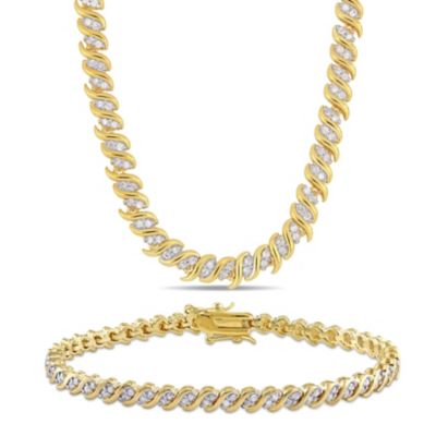 Belk & Co 2-Piece Set of 2.97 ct. t.w. Diamond "S" Link Tennis Necklace & Bracelet in Yellow Plated Sterling Silver