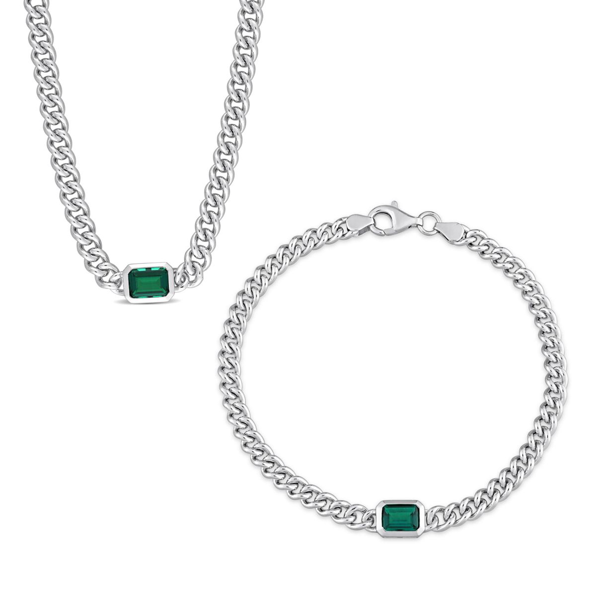 Lab Created 2-Piece Set of Created Emerald Curb Link Necklace & Bracelet in Sterling Silver