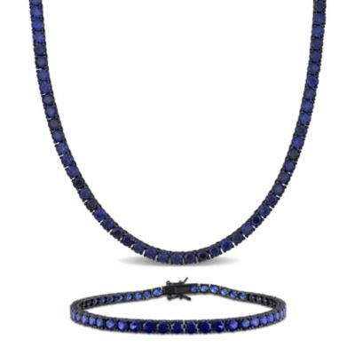 Belk & Co Lab Created 2-Pc Set of Men's Blue Sapphire Tennis Necklace & Bracelet in Sterling Silver with Black Rhodium