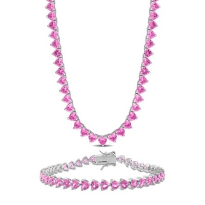 Belk & Co Lab Created 2-Piece Set of Pink Sapphire Necklace & Bracelet in Sterling Silver, White