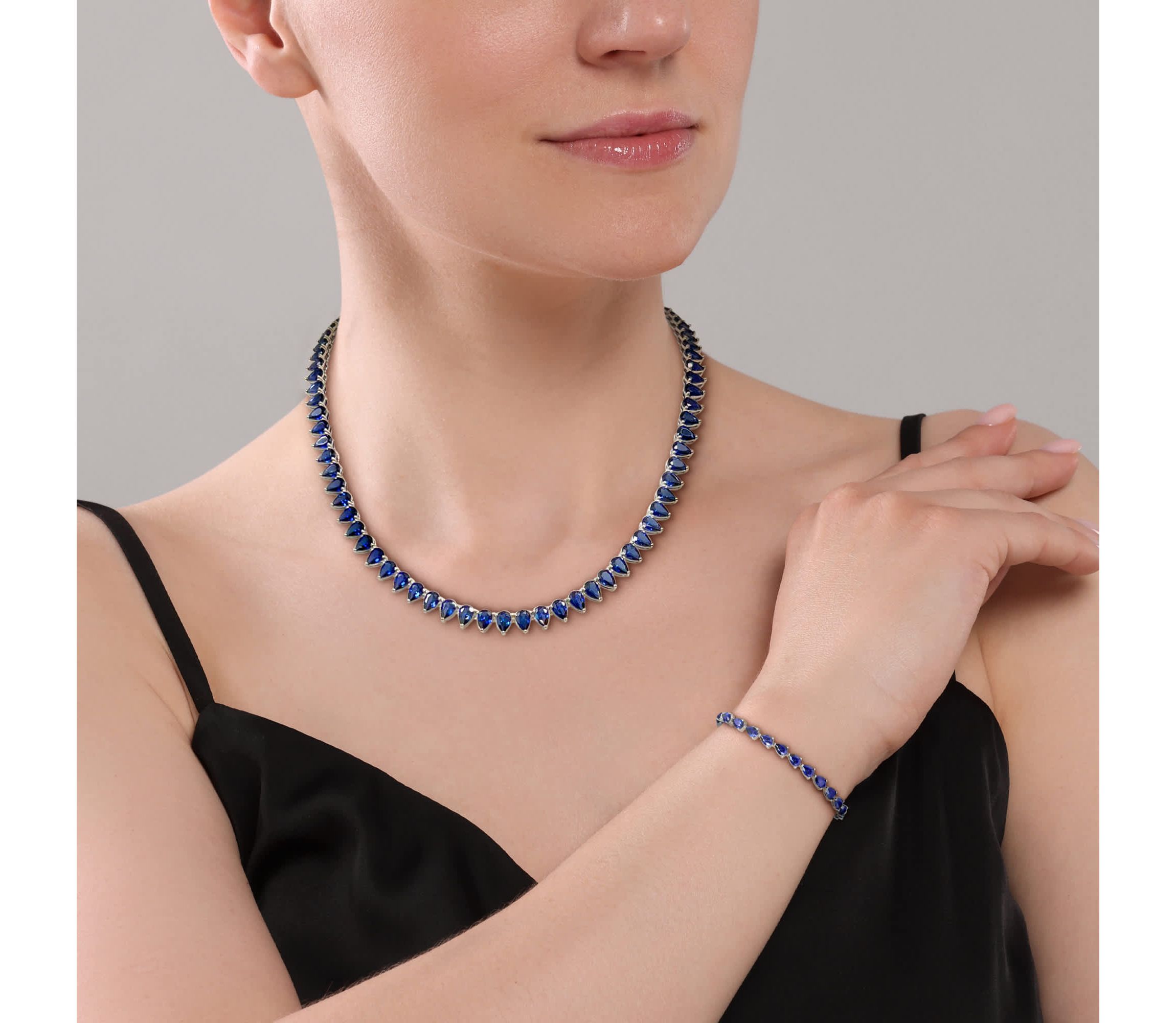 Lab Created 2-Piece Set of Created Blue Sapphire Tennis Necklace & Bracelet in Sterling Silver