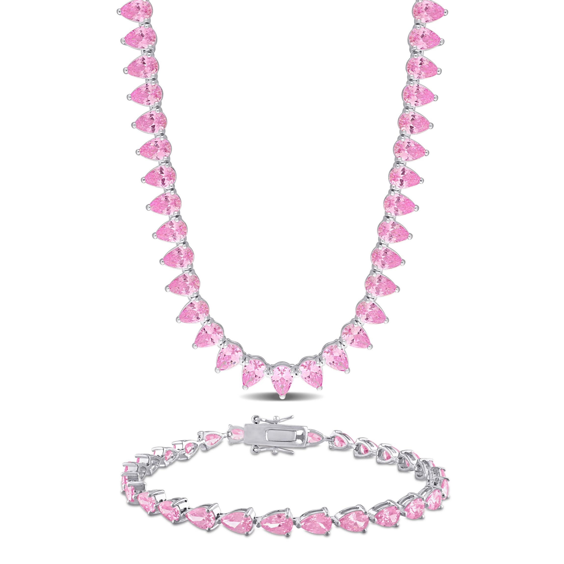 Lab Created 2-Piece Set of Created Pink Sapphire Tennis Necklace & Bracelet in Sterling Silver