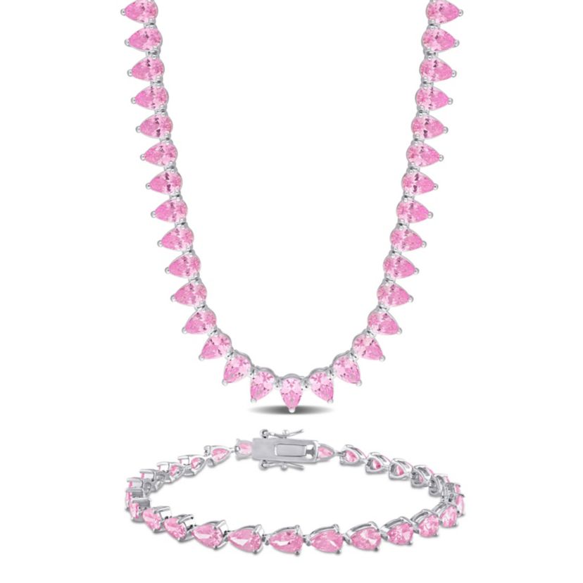 Lab Created 2-Piece Set of Created Pink Sapphire Tennis Necklace & Bracelet in Sterling Silver