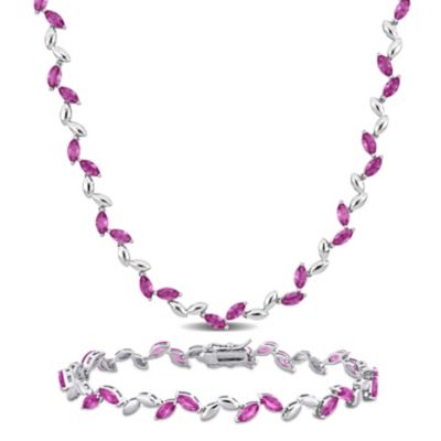 Belk & Co Lab Created 2-Piece Set of Pink Sapphire Leaf Necklace & Bracelet in Sterling Silver, White