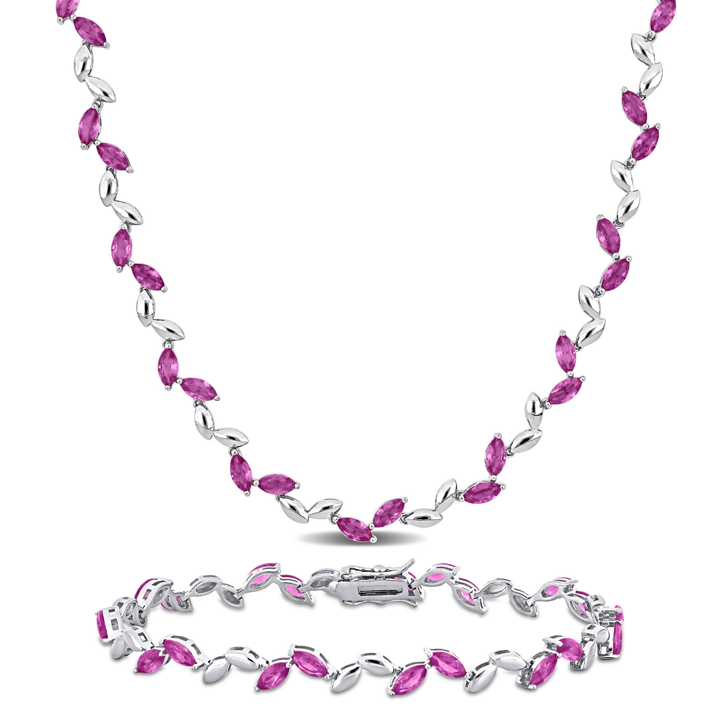 Lab Created 2-Piece Set of Created Pink Sapphire Leaf Necklace & Bracelet in Sterling Silver
