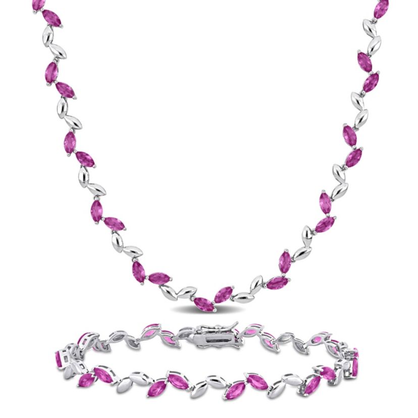 Lab Created 2-Piece Set of Created Pink Sapphire Leaf Necklace & Bracelet in Sterling Silver