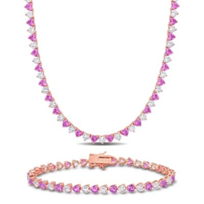 Belk & Co Lab Created 2-Piece Set of Pink & White Sapphire Necklace & Bracelet in Rose Plated Sterling Silver