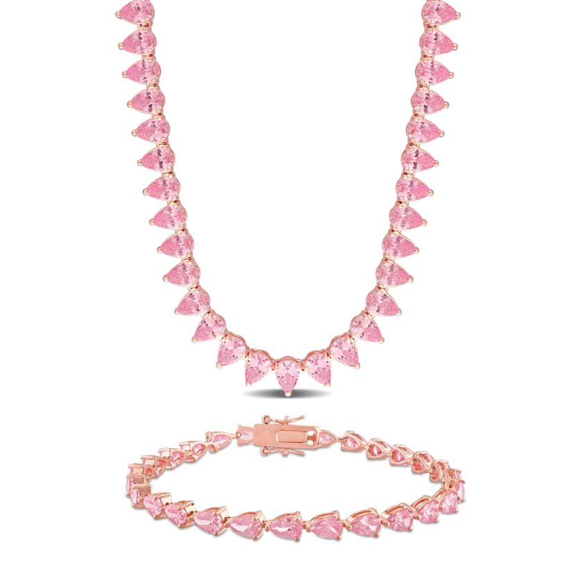 Lab Created 2-Piece Set of Created Pink Sapphire Tennis Necklace & Bracelet in Rose Plated Sterling Silver