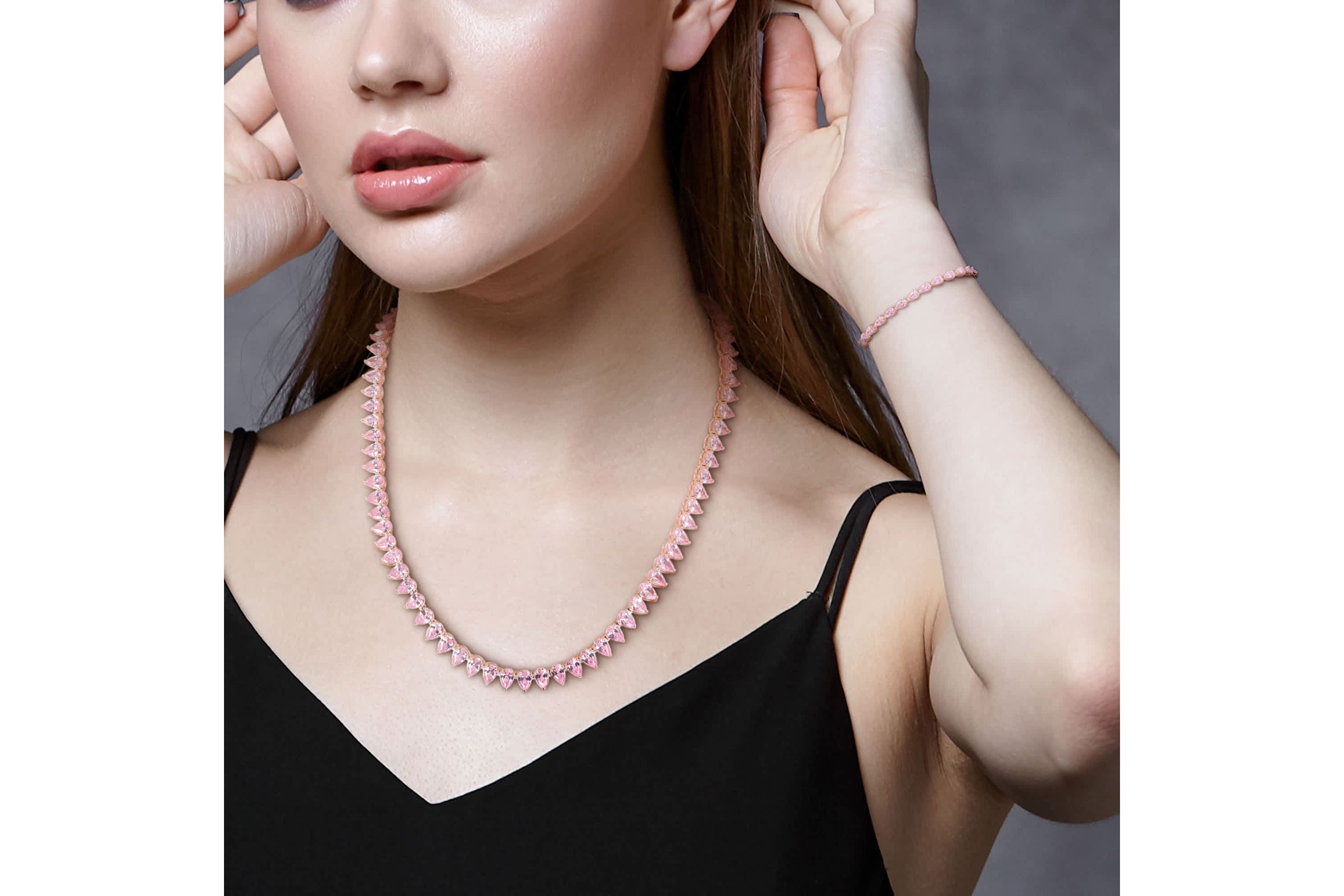 Lab Created 2-Piece Set of Created Pink Sapphire Tennis Necklace & Bracelet in Rose Plated Sterling Silver