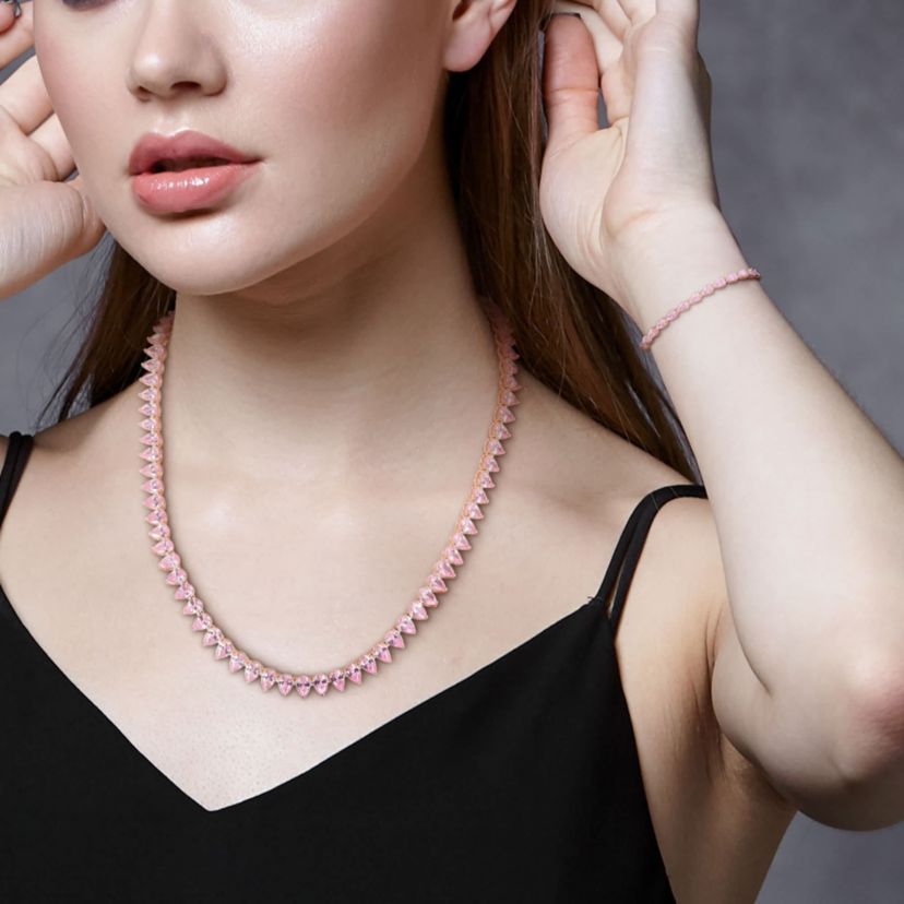 Lab Created 2-Piece Set of Created Pink Sapphire Tennis Necklace & Bracelet in Rose Plated Sterling Silver