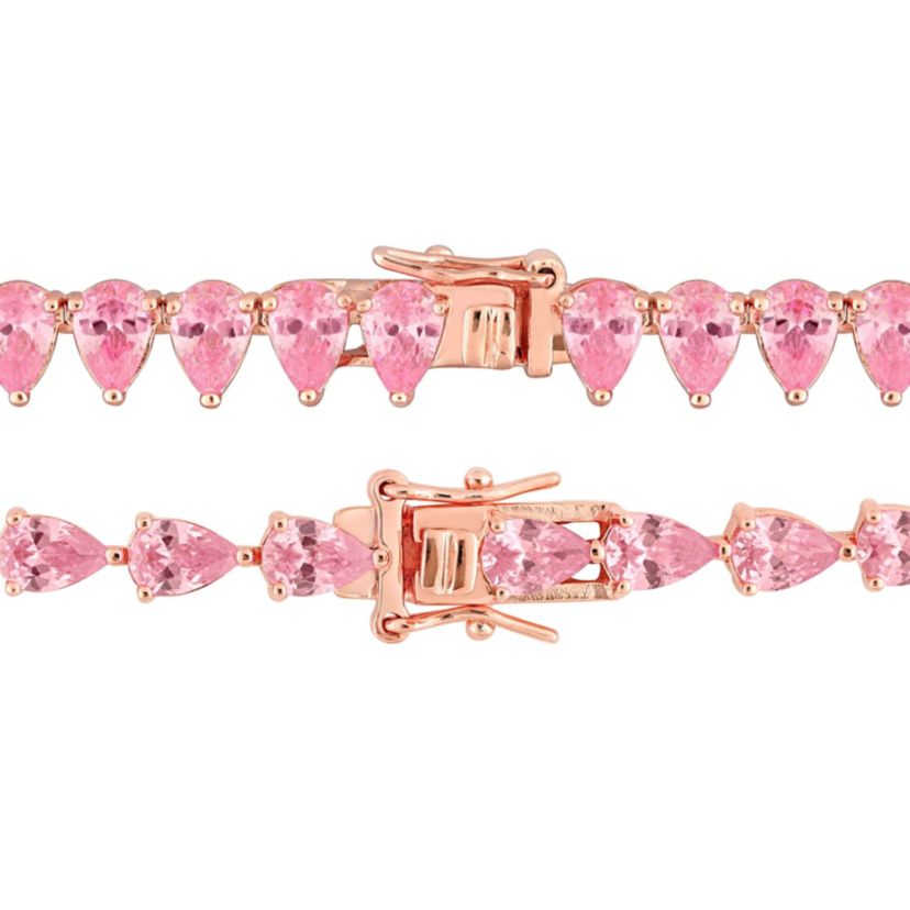 Lab Created 2-Piece Set of Created Pink Sapphire Tennis Necklace & Bracelet in Rose Plated Sterling Silver