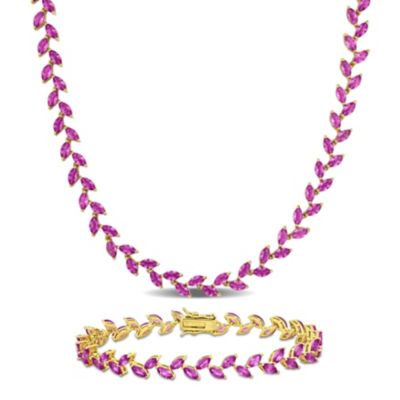 Belk & Co Lab Created 2-Piece Set of Created Pink Sapphire Leaf Necklace & Bracelet in Yellow Plated Sterling Silver