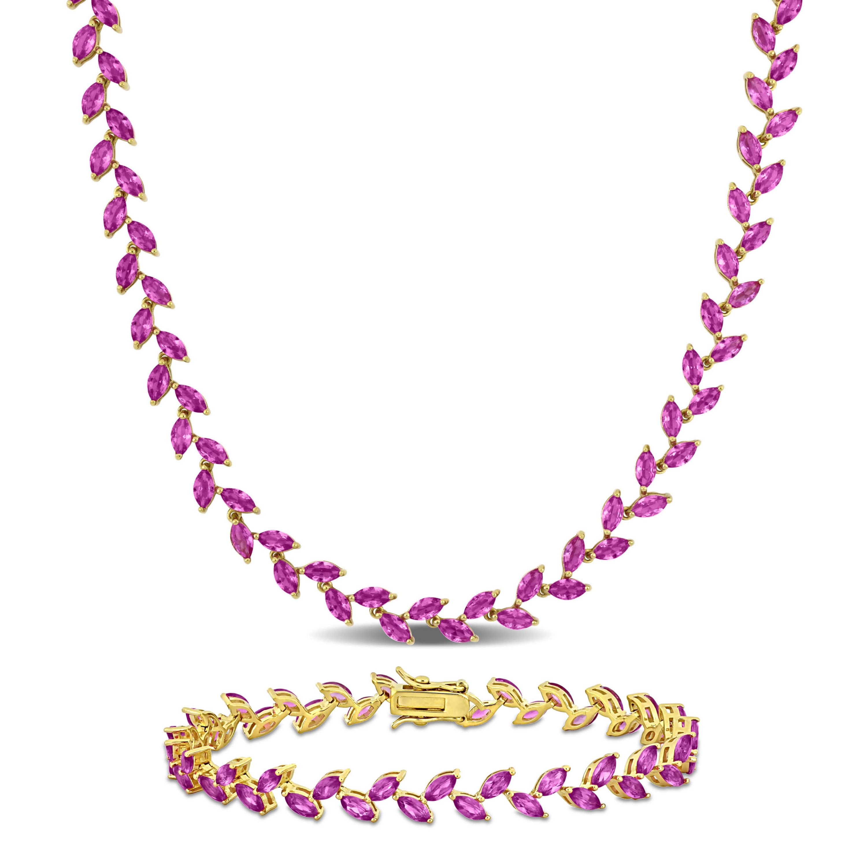 Lab Created 2-Piece Set of Created Pink Sapphire Leaf Necklace & Bracelet in Yellow Plated Sterling Silver