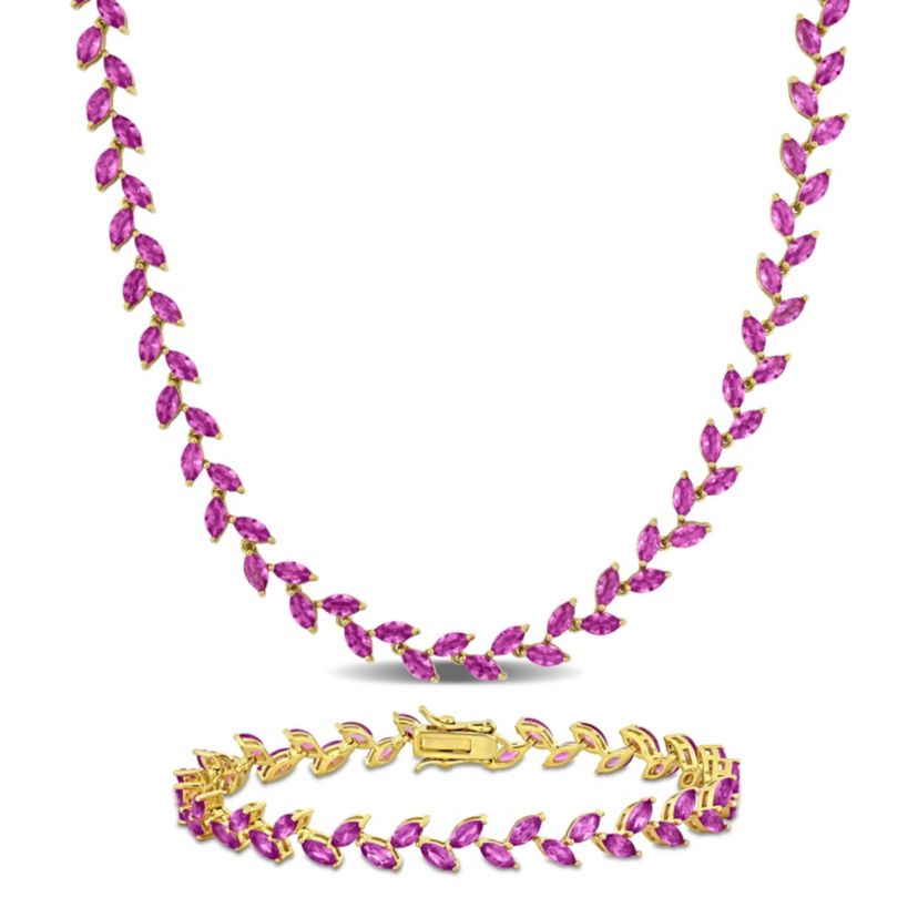Lab Created 2-Piece Set of Created Pink Sapphire Leaf Necklace & Bracelet in Yellow Plated Sterling Silver