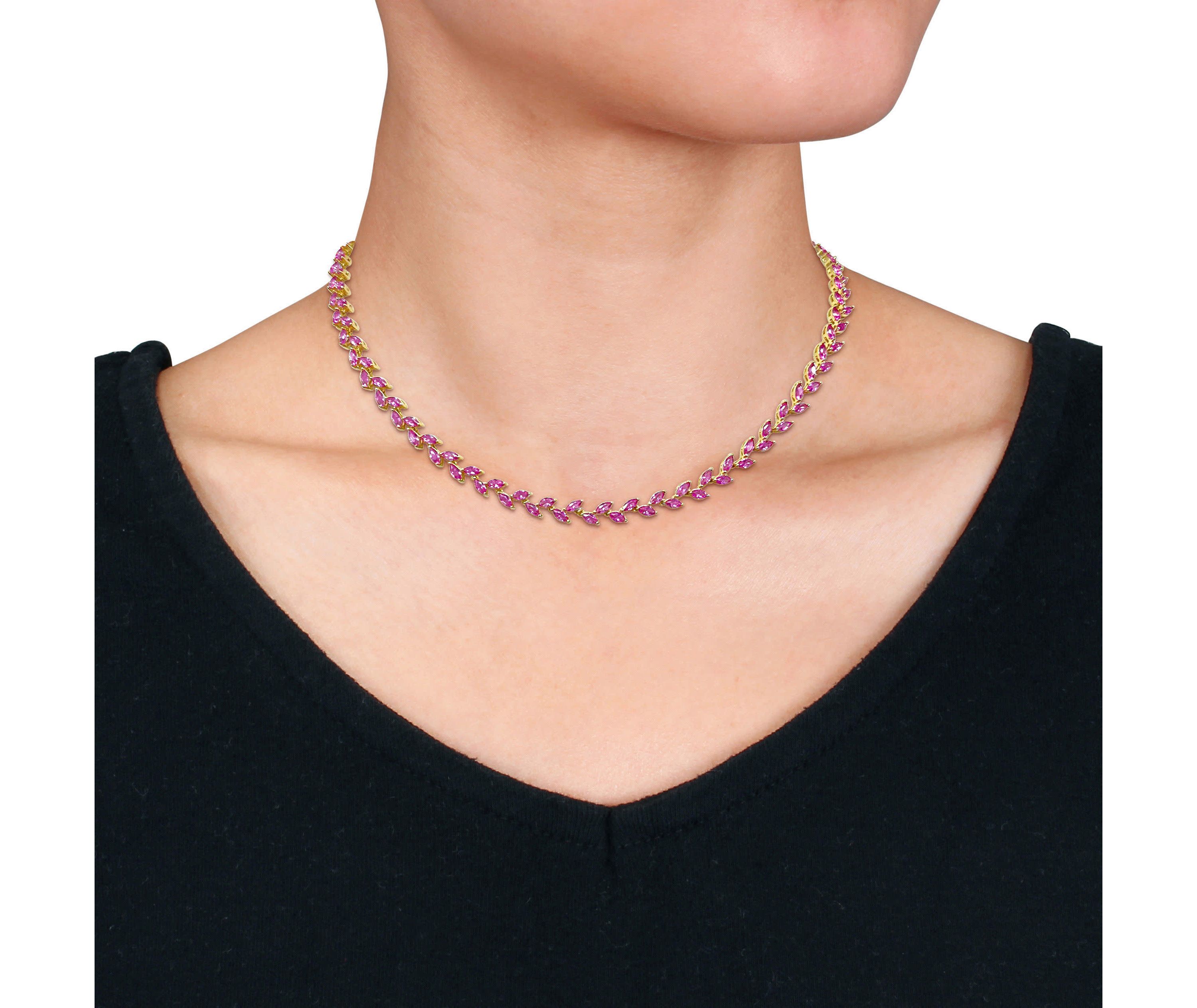 Lab Created 2-Piece Set of Created Pink Sapphire Leaf Necklace & Bracelet in Yellow Plated Sterling Silver