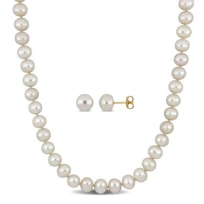 Belk & Co 2-Piece Set of 16" 7-7.5mm Freshwater Cultured Pearl Necklace with 10K Yellow Gold Fisheye Clasp & 10K Yellow Gold 7.5-8mm White Freshwater